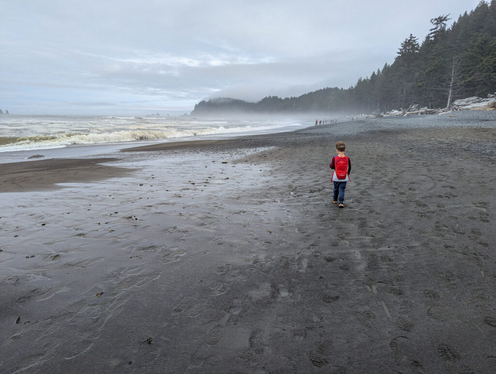 Child with red Osprey daypack walks on dark sand beach with forested coastline and sea stacks under overcast Pacific Northwest sky at Rialto Beach Washington