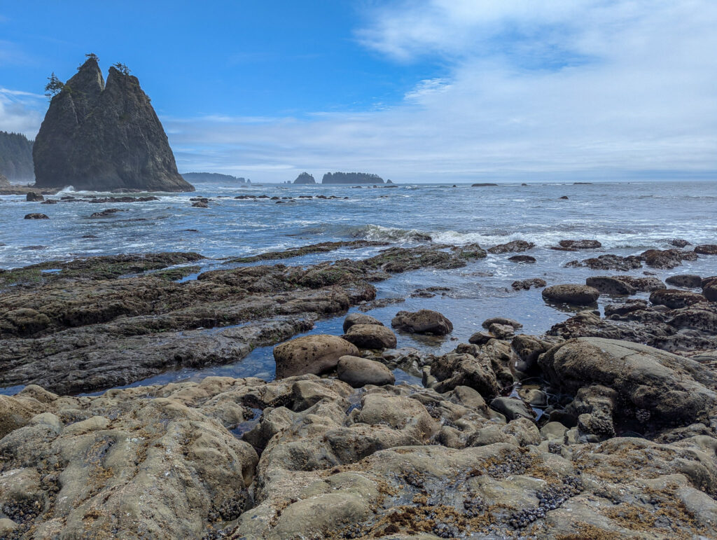 Rocky tide pools at low tide with sea stacks in background at Rialto Beach, Olympic National Park, Washington