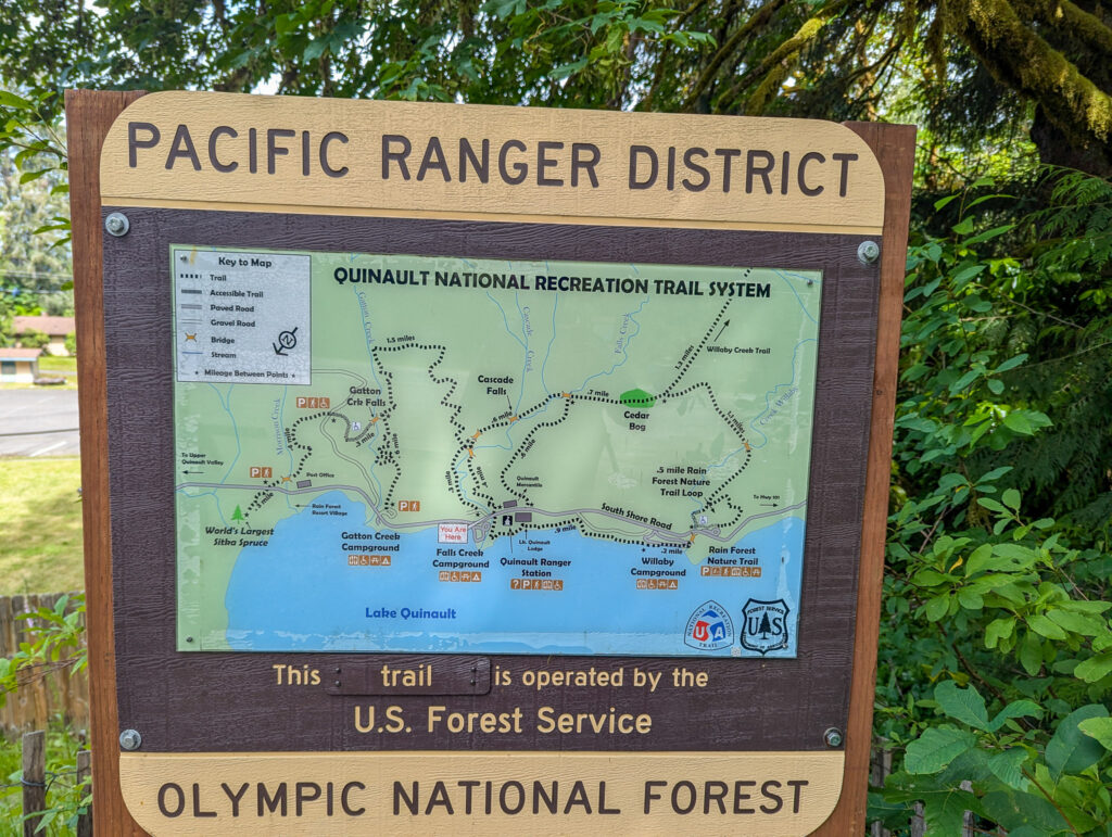 A trail map sign for Quinault National Recreation Trail System in Olympic National Forest, showing Lake Quinault and surrounding hiking trails in daylight surrounded by green forest vegetation.