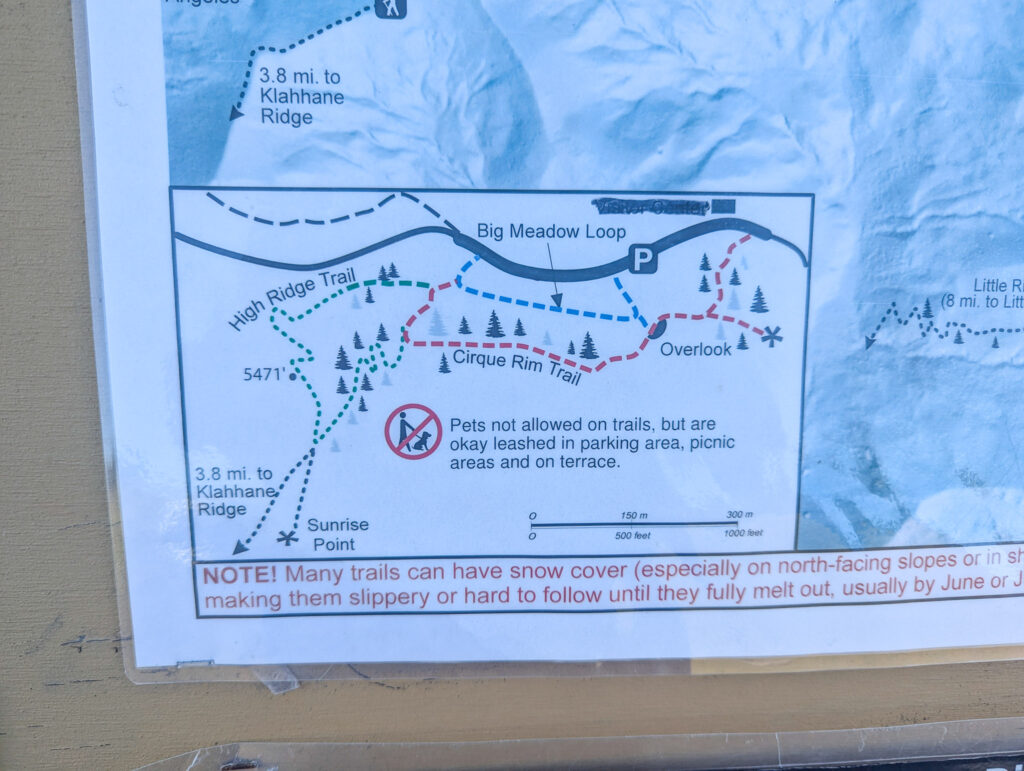 Trail map at Olympic National Park showing Big Meadow Loop, Cirque Rim Trail, and High Ridge Trail with parking area