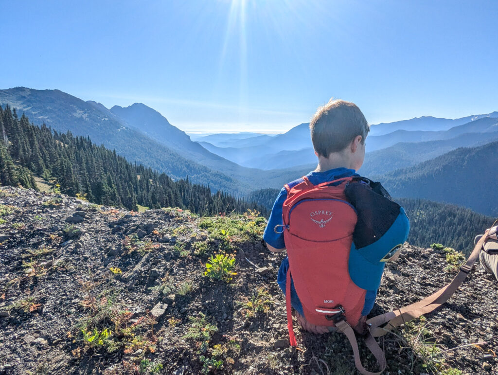 Child with red Osprey backpack overlooking forested mountain valley during clear morning light on Hurricane Ridge in Olympic National Park