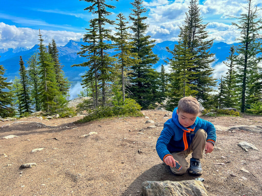 Young boy crouching on rocky ground adjusting his hiking boot in an alpine forest with snow-capped mountains visible