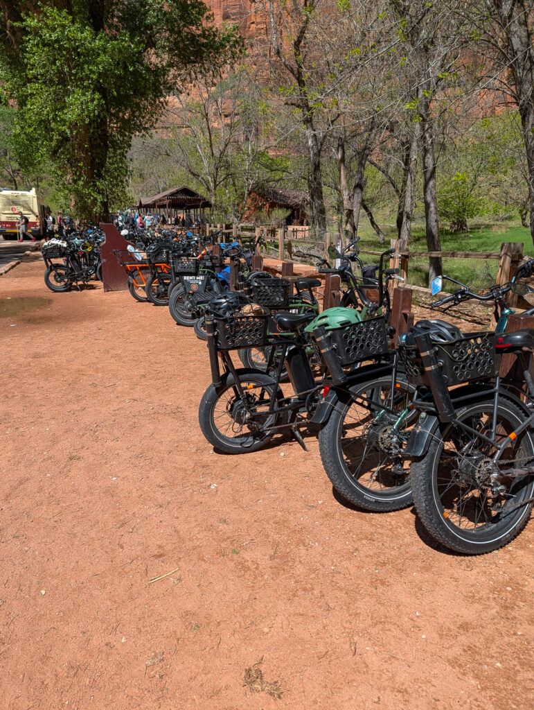 Row of black fat-tire e-bikes with cargo baskets and "Rent Me!" signs at a Zion National Park rental station, red canyon walls behind.