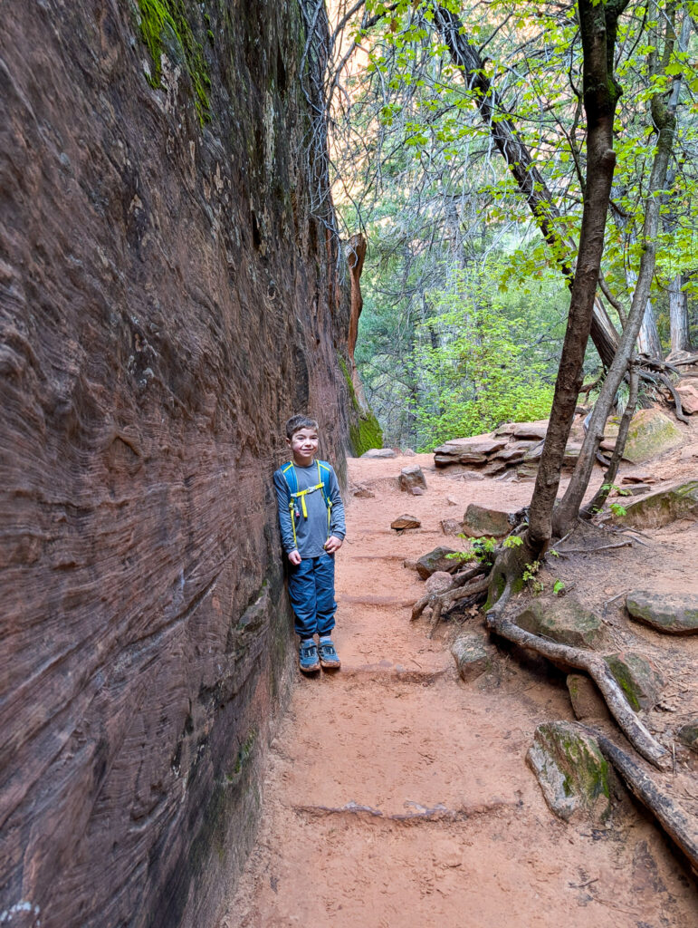 Young child with a small backpack pauses beside a towering sandstone wall on the Emerald Pools Trail in Zion National Park.