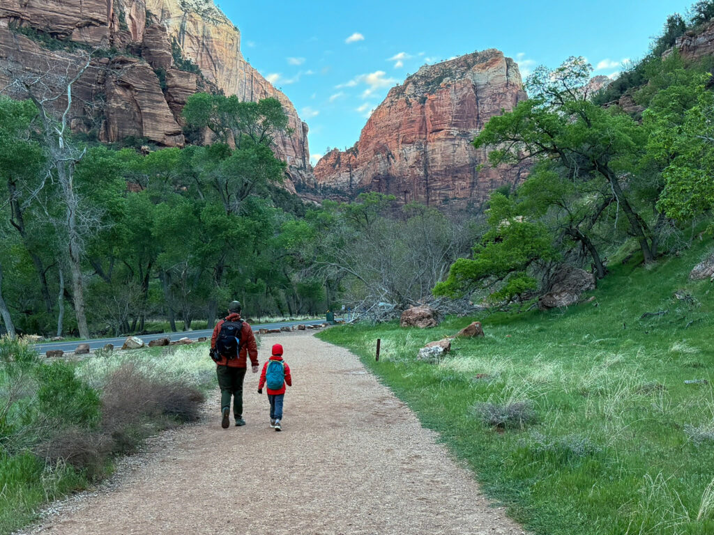 Adult and child in red walk Pa'rus Trail toward Zion's towering sandstone cliffs during golden morning light.