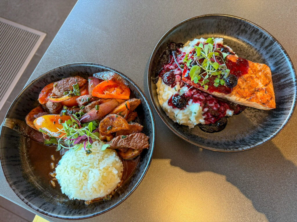 Two plated entrees at Anu Restaurant in Springdale, Utah: a lomo saltado bowl with rice and a salmon risotto bowl with blueberry compote, photographed at a slight angle.