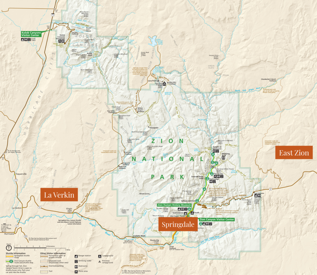 Map showing Zion National Park with Springdale in the south, East Zion marked on the east, and La Verkin marked in the southwest.
