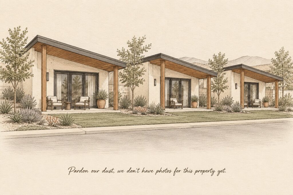 Vintage field sketch design of 3 modern casitas, with single-slope roofs and covered patios.