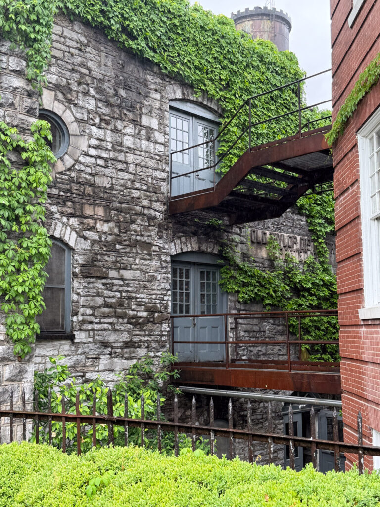 Vine-covered limestone building at Castle + Key distillery, with a partially visible 'Old Taylor Distillery' sign, rusted exterior staircase, and weathered blue-gray doors on two levels.