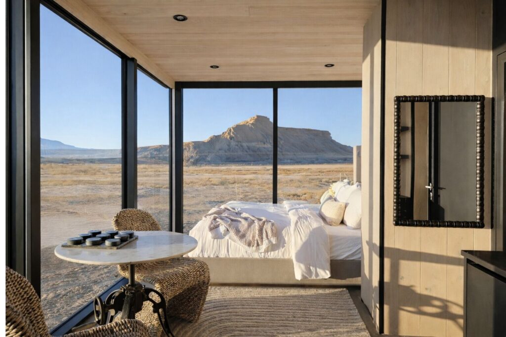 Interior of a glass-walled accommodation at Reflections Resort in Torrey, UT, with a platform bed facing floor-to-ceiling windows overlooking a sandstone butte and open desert landscape.