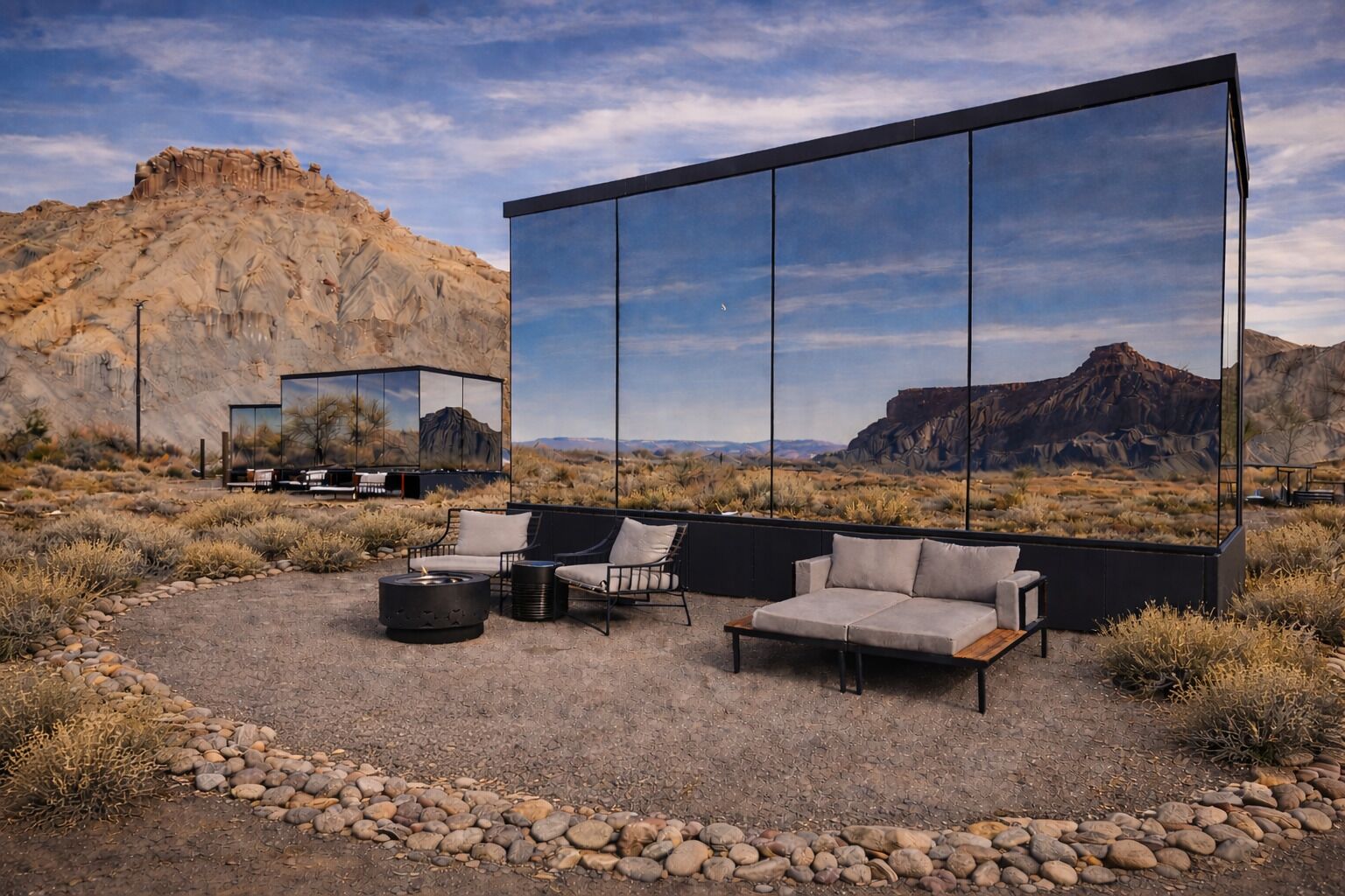 Outdoor lounge area at Reflections Resort in Torrey, UT, featuring modern furniture and a fire pit beside mirrored-glass structures that reflect surrounding red rock buttes and desert scrubland.