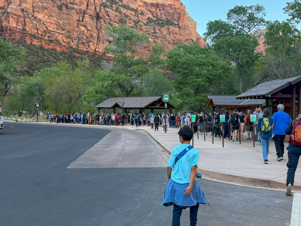 A long line of visitors queues for shuttles beneath wooden pavilions at the Zion Lodge stop 5 with red cliffs rising in the background.