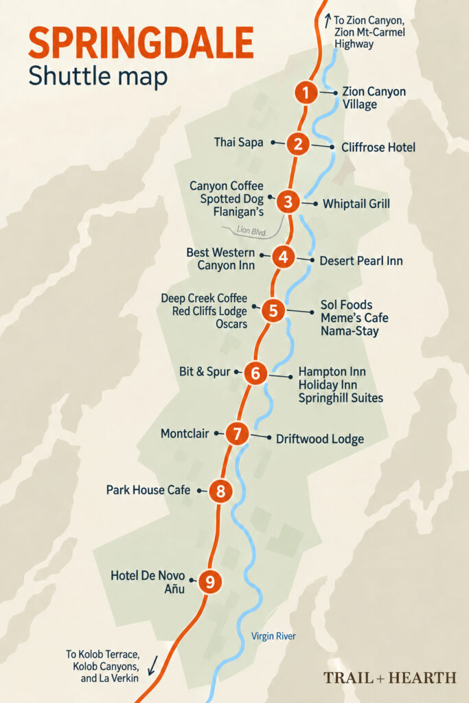 A map of Springdale showing the Springdale Shuttle Line stops and nearby hotels