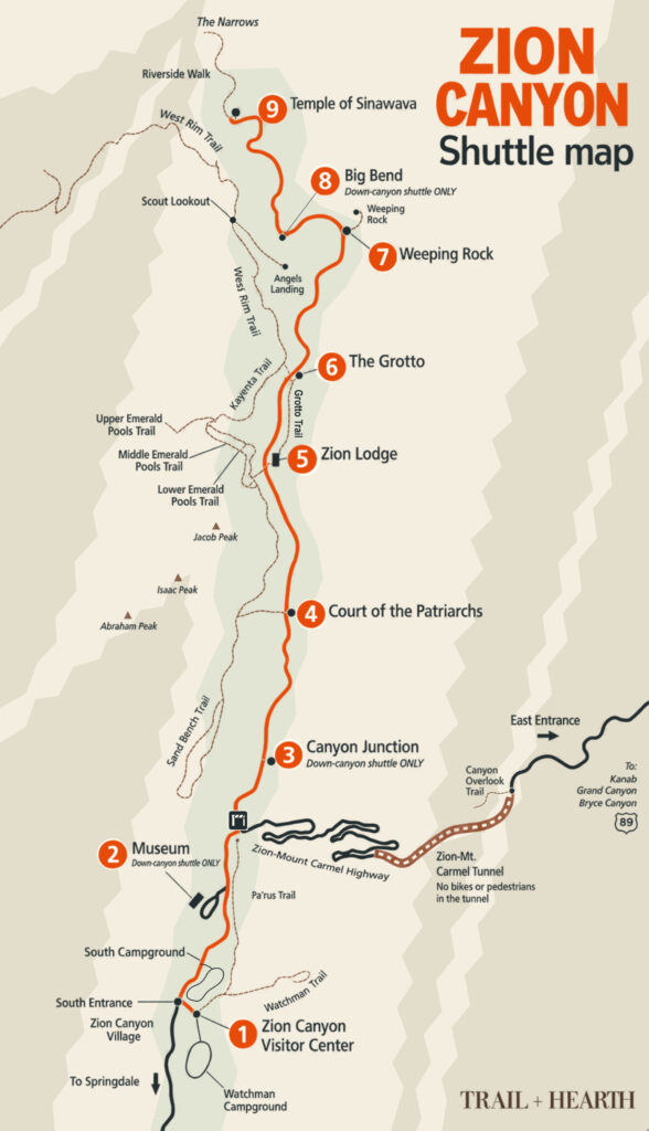 A map of Zion Canyon showing the shuttle line route, stops, and popular trails